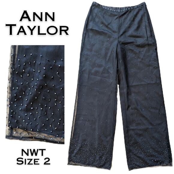 New Ann Taylor Silk Pants Size 2 Wide Leg Black Bugle Bead Sheer Lined Dressy - Picture 1 of 11